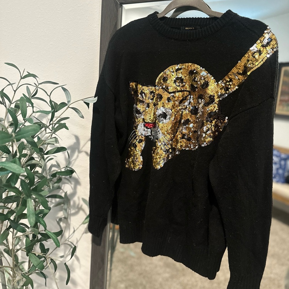 Forever 21 Black Sweater with Gold Sequin Leopard